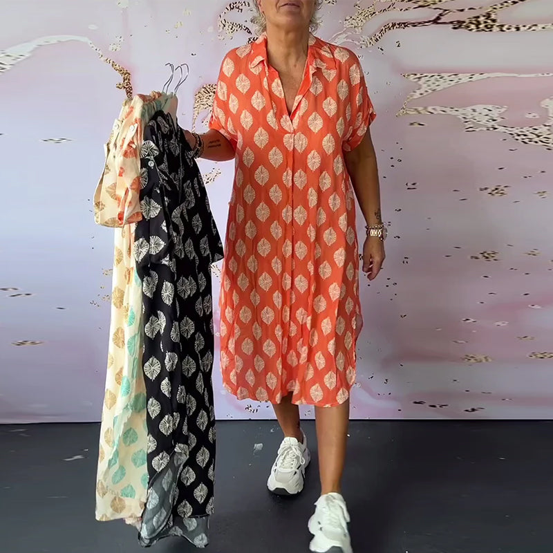 Fiorella | Vestito primaverile ampio con colletto a revers e maniche corte